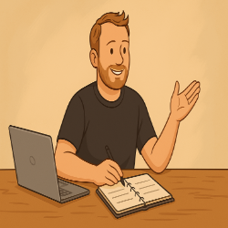 Cartoon-Zeichnung eines Mannes, der an einem Tisch sitzt und einen Kalender durchsieht, freundlich und organisiert, bereit für eine Beratung.